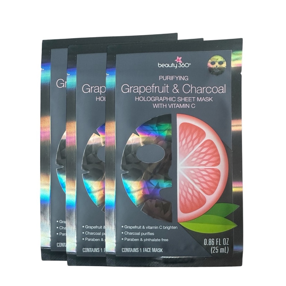 Beauty 360 Purifying Grapefruit‎ & Charcoal Holographic Sheet Mask 5 Pack